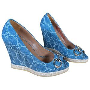 Gucci GG Logo Denim Espadrille Horsebit Wedge Heels Size 37.5